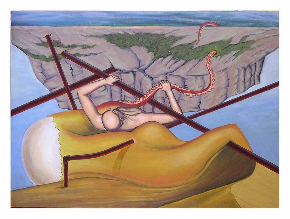 Βασίλης Λιάκος, Ζωγραφική, artvali.gr, «Σύνθλιψης» 2010 ελαιογραφία σε καμβά κολλημένο επί ξύλου 105Χ74 (πίνακας οροφής)