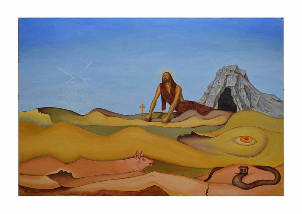 Βασίλης Λιάκος, Ζωγραφική, artvali.gr, «Οι πειρασμοί του Αγ. Αντωνίου» 2019 ελαιογραφία σε χαρτόνι 100Χ70