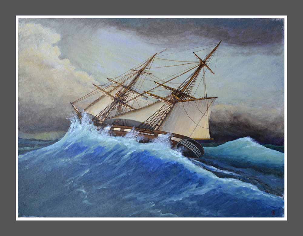 Βασίλης Λιάκος, Ζωγραφική, artvali.gr, «Πρώτο ταξίδι» (μπρίκι σε θαλασσοταραχή) 2017 ελαιογραφία σε καμβά κολλημένο επί ξύλου 77 Χ 58